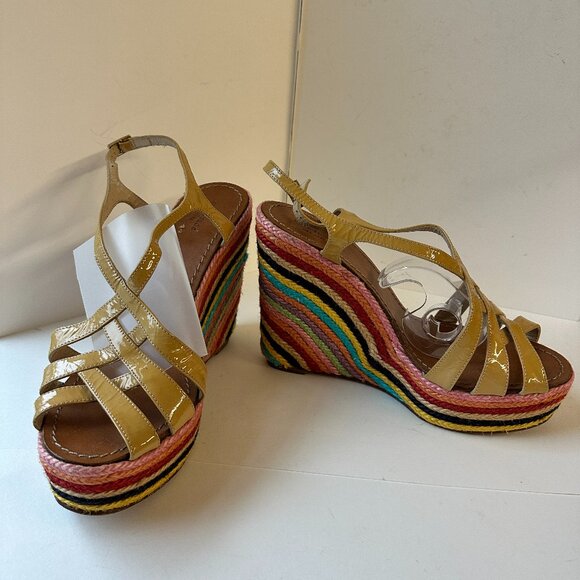 KATE SPADE SZ11 RAINBOW PLATFORM TAN PATENT LEATHER HIGH WEDGE ESPADRILLE SANDAL - Picture 2 of 8